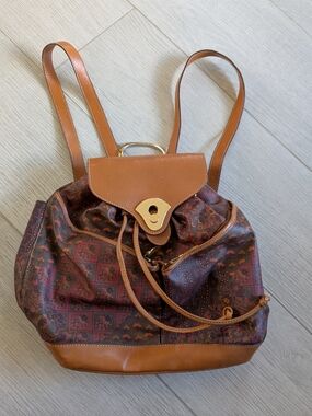 Escada Vintage Women's Brown Patterned Drawstring Backpack Tote